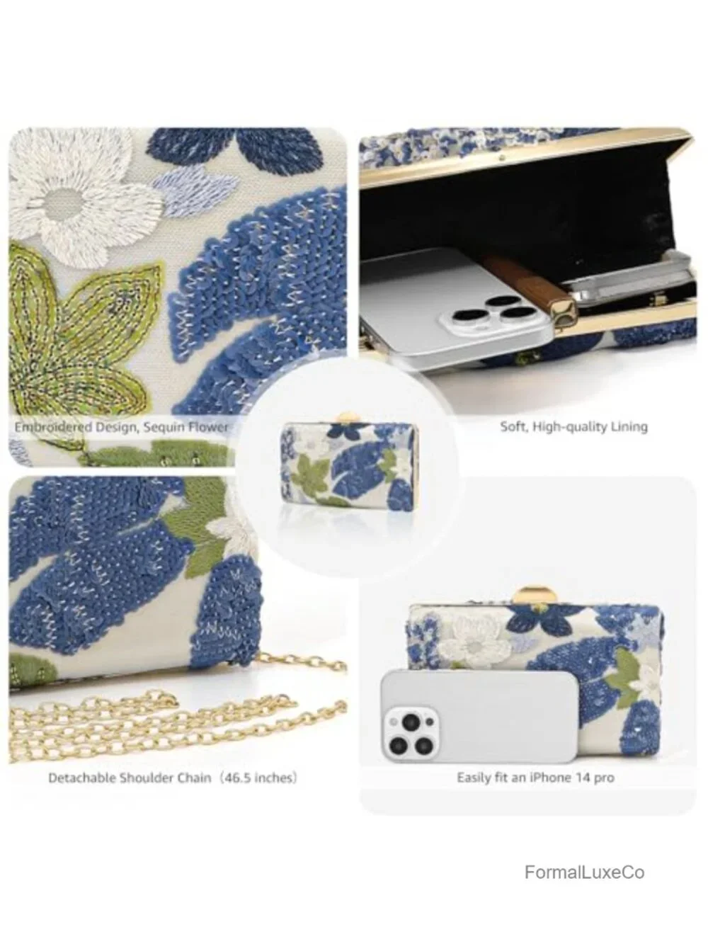Embroidered Floral Sequin Evening Clutch with Detachable Chain Shoulder Bag